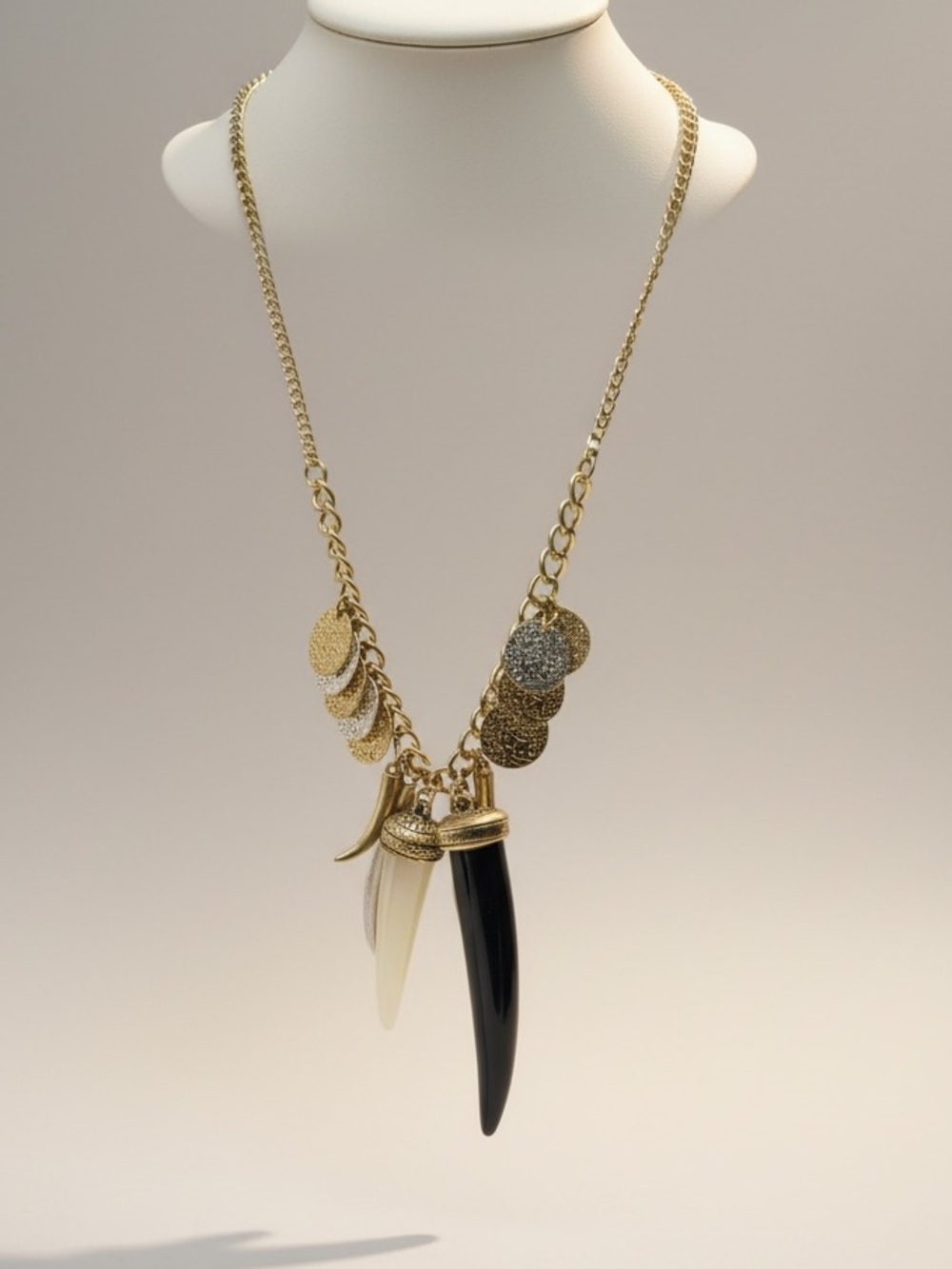 Boho Statement Necklace Double Horn Pendant Disc Charm Gold Tone Chain